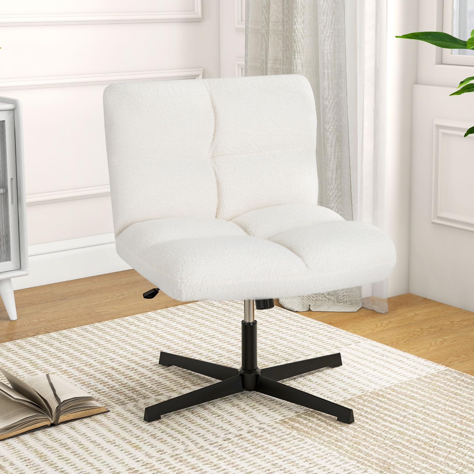 COSTWAY Schneidersitz Stuhl, Drehstuhl ohne Armlehnen, Schreibtischstuhl mit breiter Sitzfläche, Bürostuhl mit Kreuzfuß, Schminkstuhl, höhenverstellbar, Wippfunktion, modern (Beige)