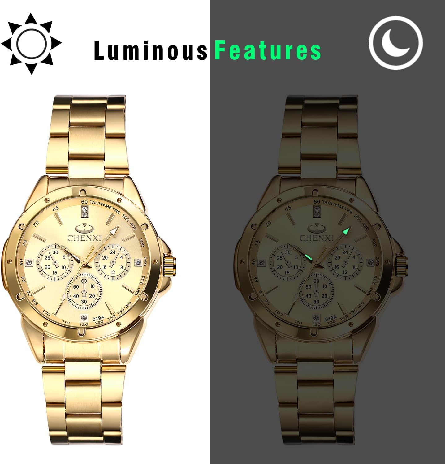JewelryWe Quartz Rhinestone Waterproof Watch: Women's Stainless Steel Big Face Gold Black Easy to Read Analog Quartz Watch Luxury Dress Watch for Mother's Day