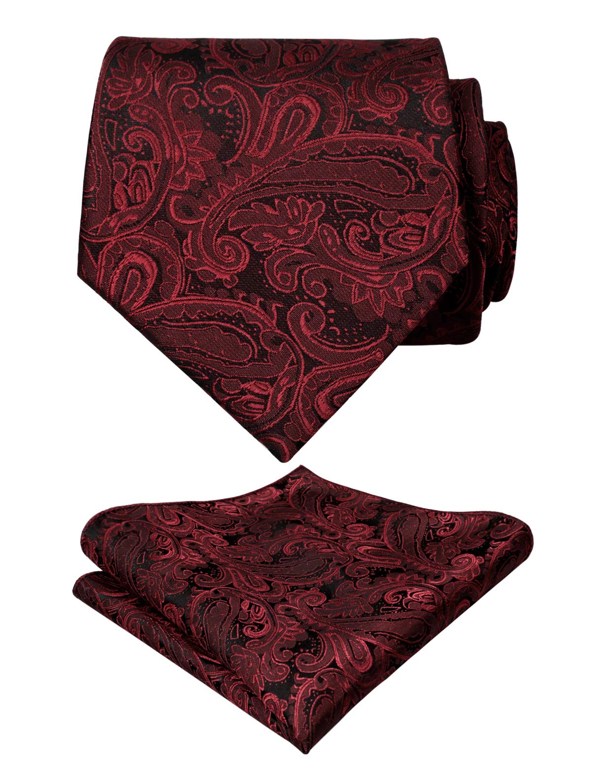 Men's Paisley Floral Tie Handkerchief Wedding Woven Necktie Set,Maroon, 59inches(L)x3.5inches(W)