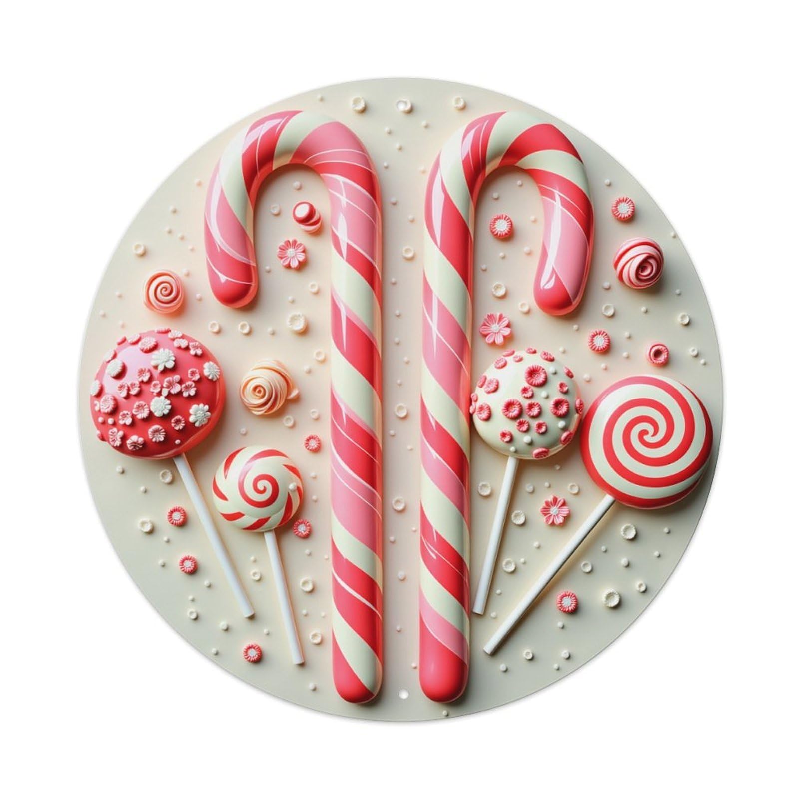 Candy Cane Stripes Lollipops Sprinkles Round Tin Sign Vintage Metal Poster Retro Bar, Home, Man Cave, Kitchen, Laundry Room Wall Art Decor Gift 8x8Inch