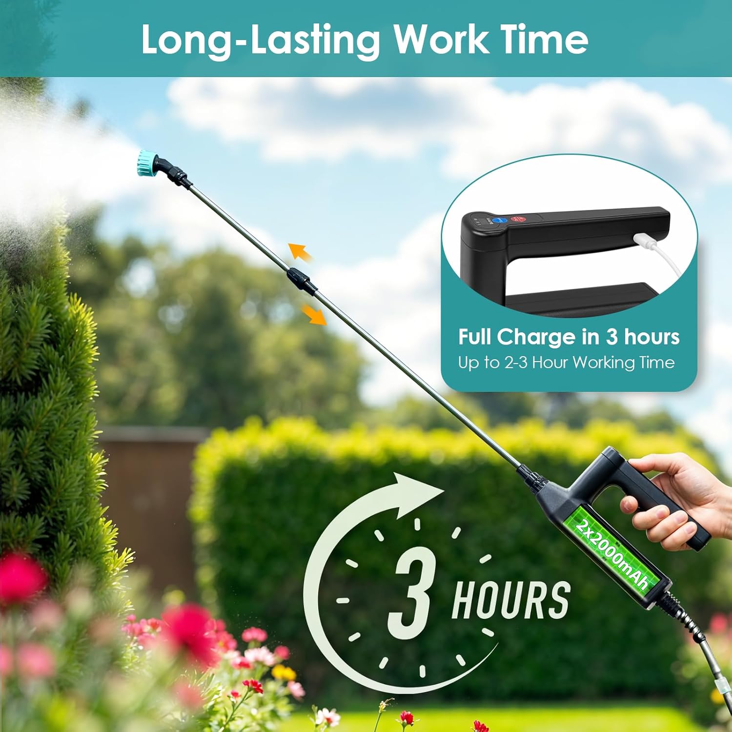 Battery Powered Sprayer 2 Gallon, 2025 Upgraded Electric Weed Sprayer with 3 Spray Forces, Battery Indicator, Rechargeable Handle,4 Mist Nozzles,23.6" Retractable Wand,Shoulder Strap, for Lawn&Garden - Image 4