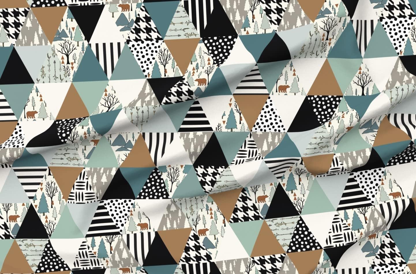 Spoonflower Fabric - Woodland Cheater Quilt Whole Cloth Triangle Sage Sienna Bear Forest Printed on Organic Cotton Sateen Fabric by The Yard - Sewing Quilting Apparel Home Decor