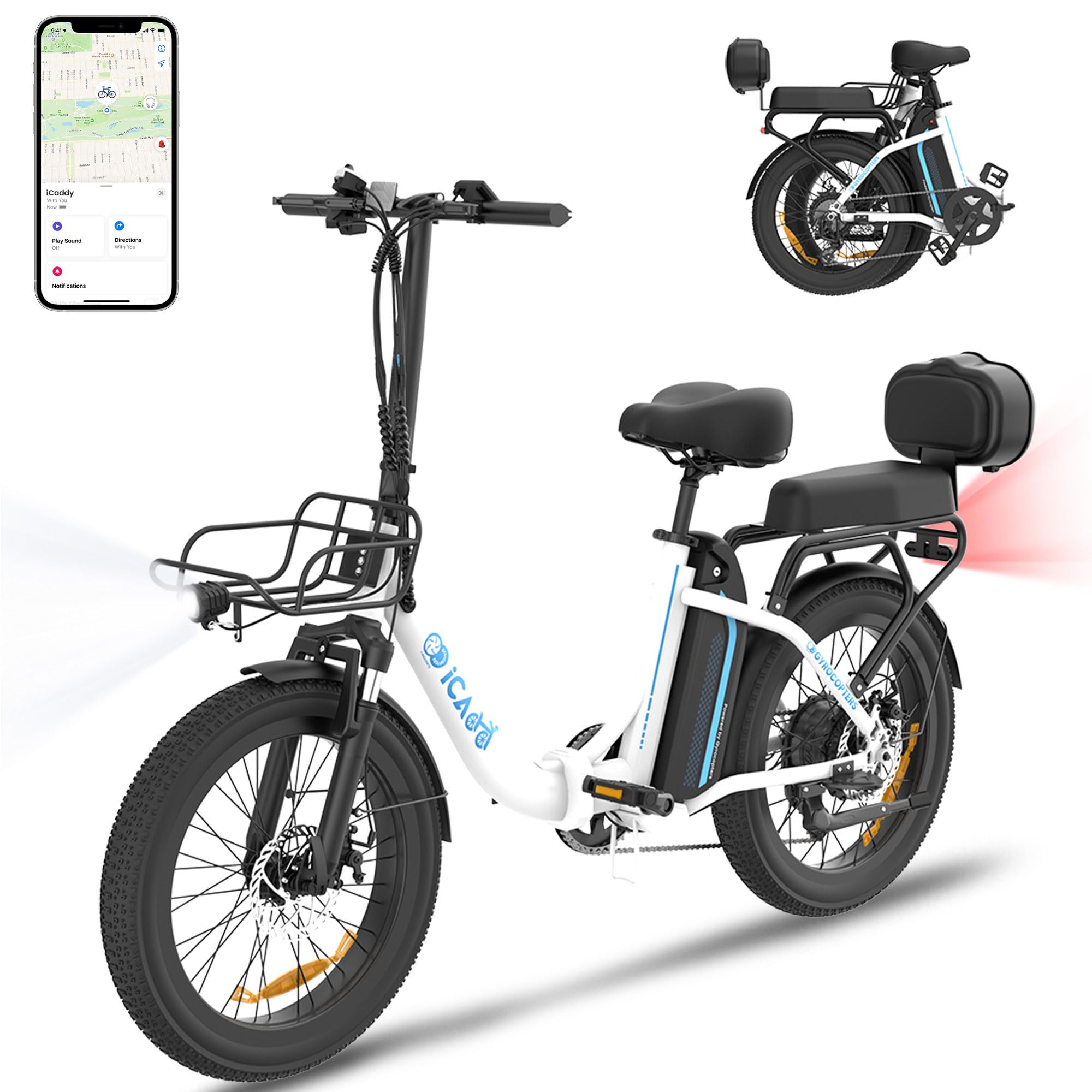Gyrocopters iCaddy Electric Bike for Adults | UL 2849 Safe ebike with Trunk, Basket, Anti-Theft GPS Tracker | Speed Upto 40 Km/h Range Upto 125 Km | Peak 650W Brushless Motor 20 * 3 Inch Fat Tires