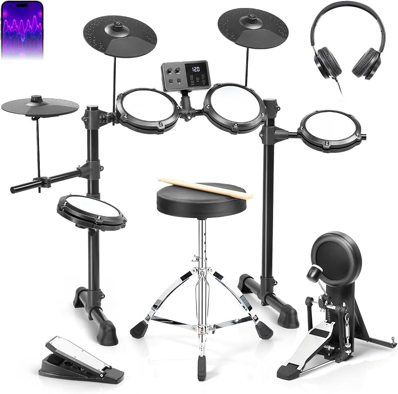 Batería Eléctrica, Batería Electrónica USB MIDI, Batería de Malla (Completa) | Tambor silencioso de malla de doble capa, carga tipo C, platillos premium, pedal de bombo de bajo ruido, trono ajustable, auriculares, baquetas