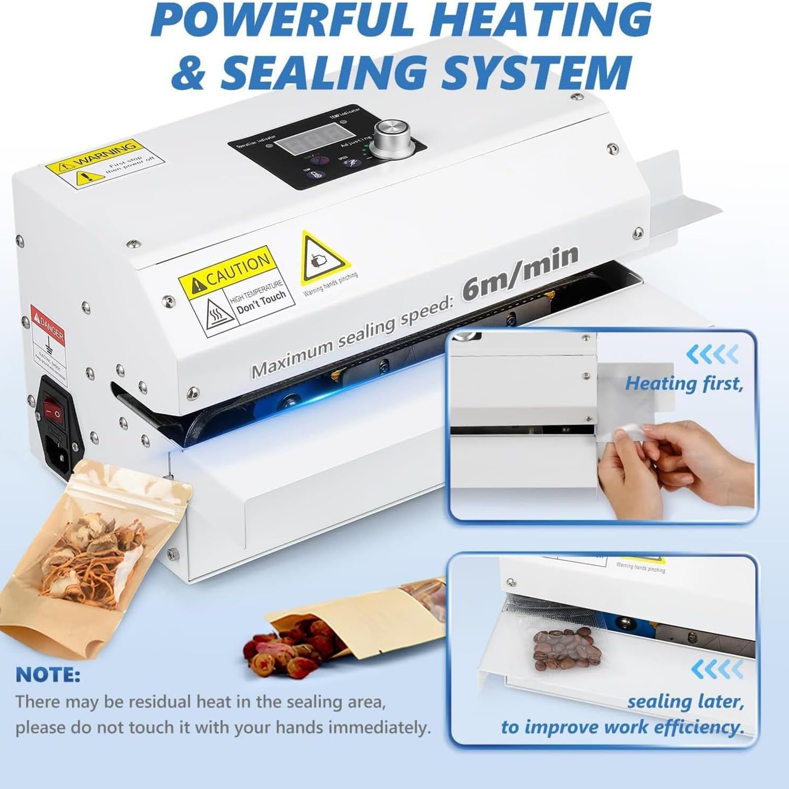 Macchina Sigillatrice A Nastro Continuo, Macchina Sigillatrice Automatica Orizzontale per Sacchetti di Plastica, Temperature Regolabili 50-200℃/6 M/Min, per Azi