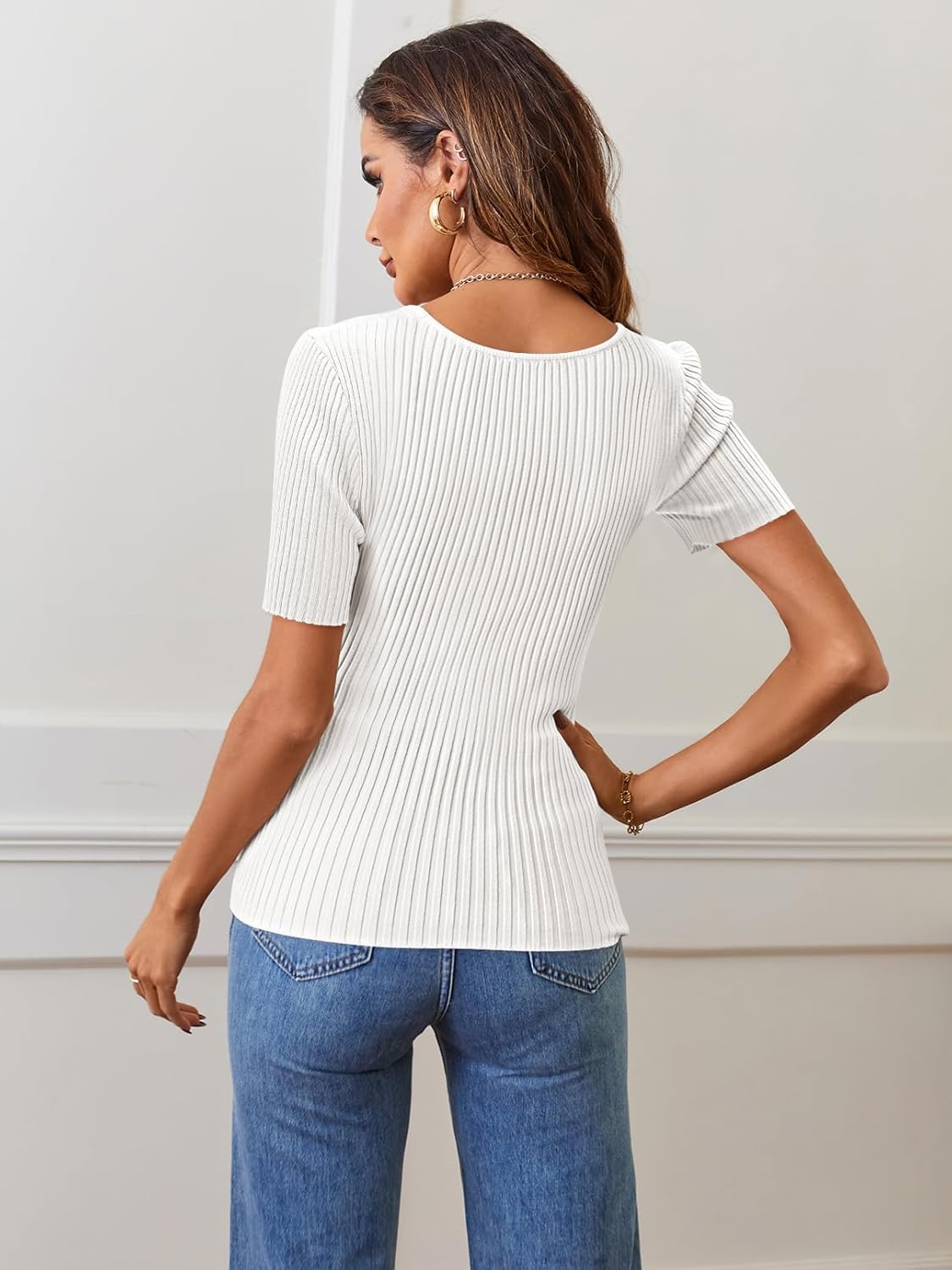 MEROKEETY Women's Summer Ribbed T Shirts 2026 Square Neck Short Sleeve Slim Fit Knit Tee Tops Dressy Casual Trendy Clothes - Image 3