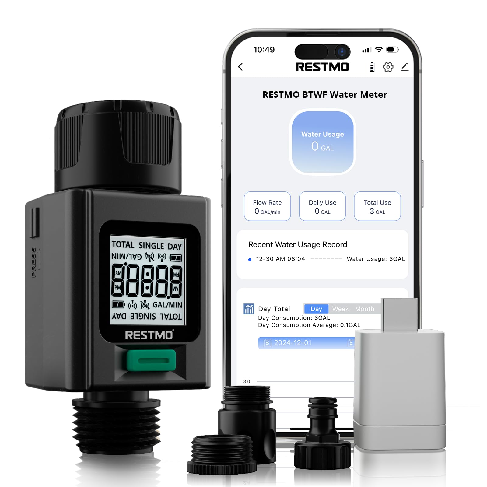 RESTMO Smart Water Flow Meter, 180° Adaptive Garden Hose Meter, Measuring Gallon/Liter Consumption & Flow Rate for Garden Watering, RV Filling, Sprinklers & Nozzle - Bluetooth and WiFi Connection