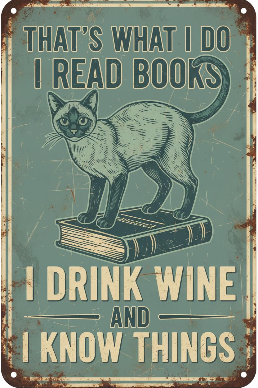 Books Wine And Cat Tin Sign, 8x12 Inch
