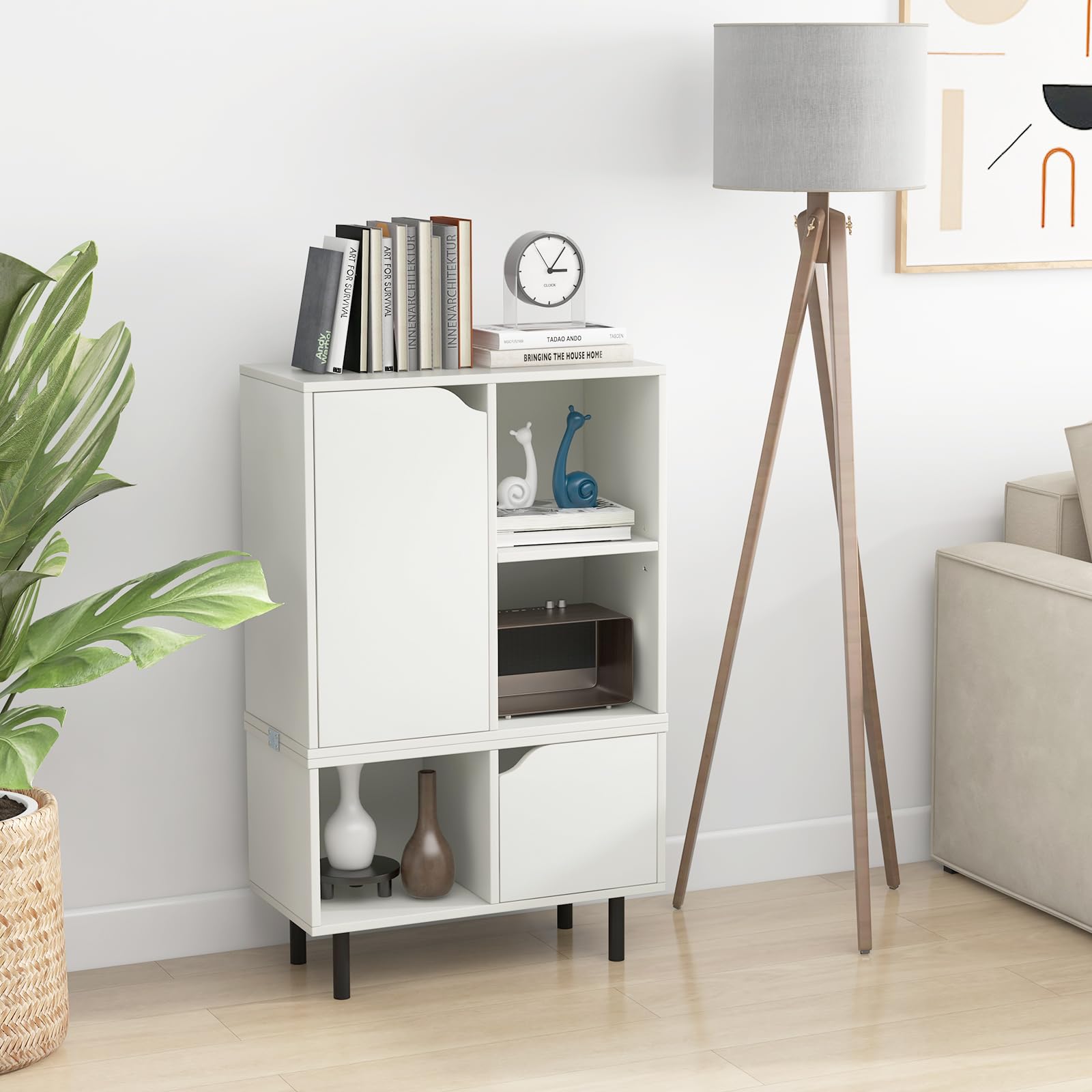 KOMFOTTEU 2 en 1 Librería Abierta Apilable con 2 Armarios y 3 Cubos
