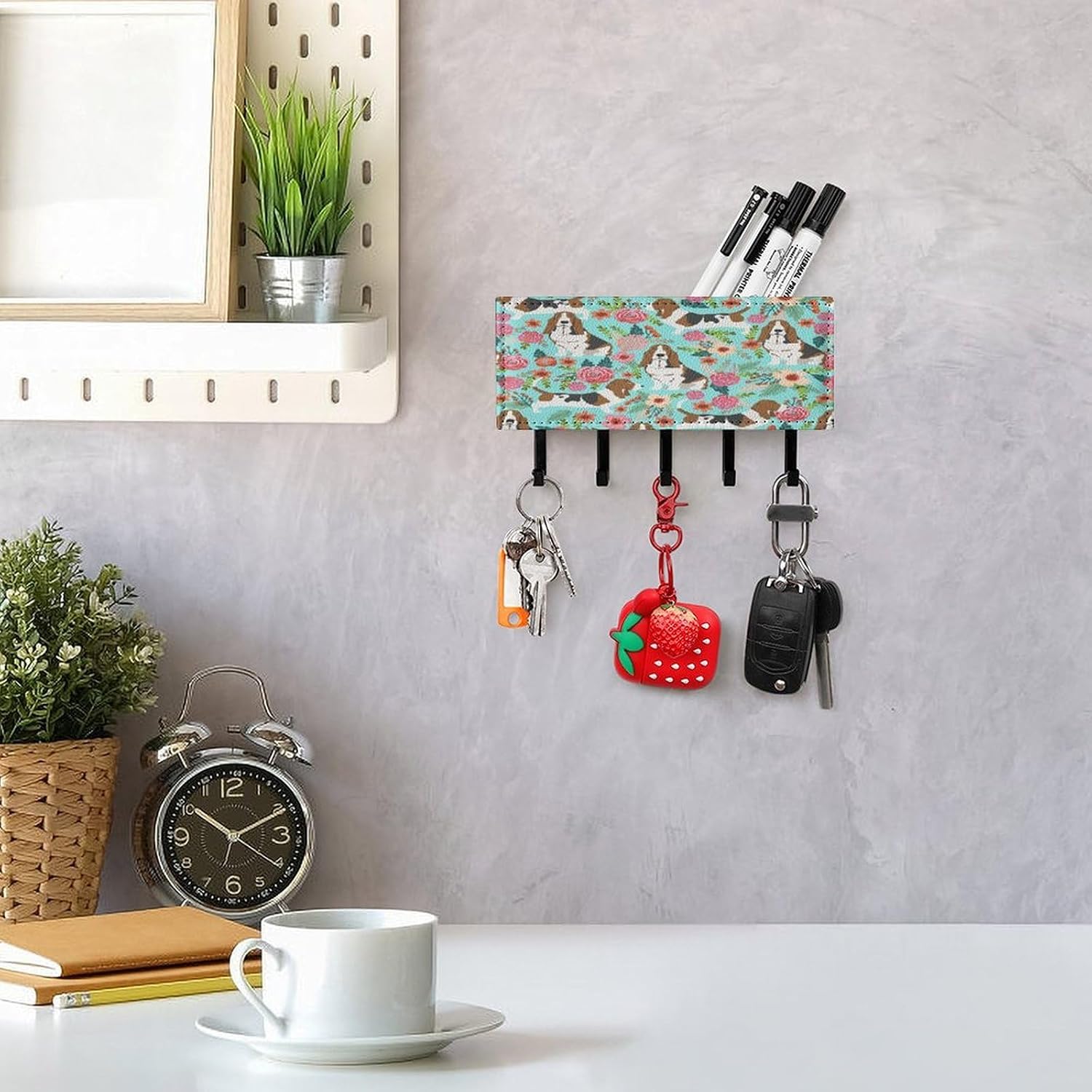 Key Holder Wall Mount Key Hanger with 5 Hooks, Decorative Key Rack | Sweet Basset Hound Florals Hanging Key Hooks with Mail Organizer for Wall Living Room Kitchen Bathroom Hallway