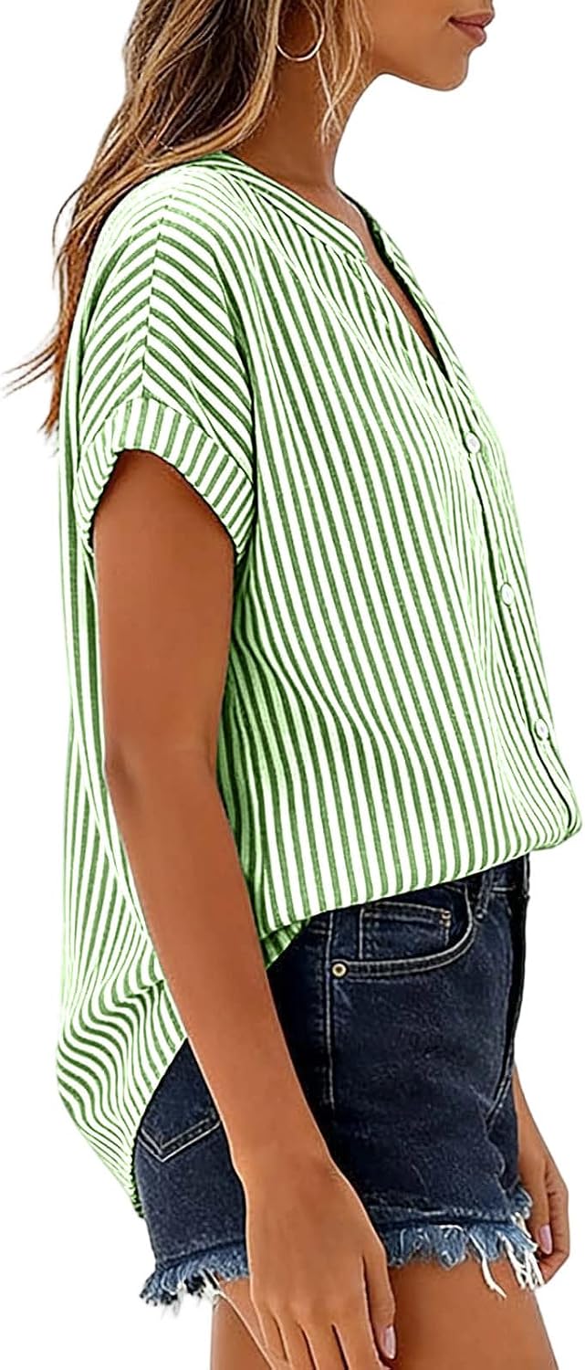 Womens Summer Tops Plus Size Button Down Dressy Business Casual V Neck T Shirts Short Sleeve Spring Loose Blouses