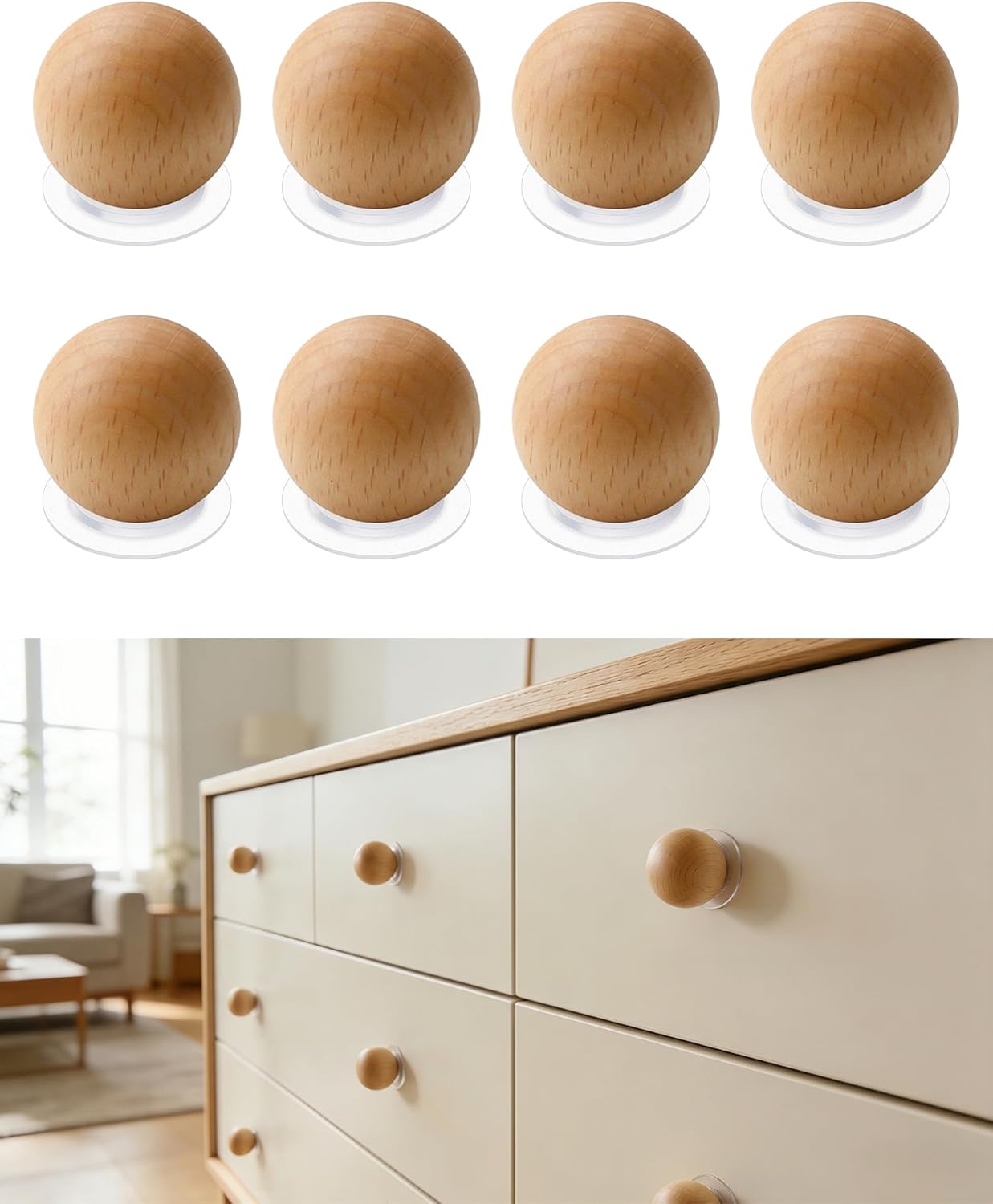 4 Pack Self Adhesive Knobs Wooden Stick On Drawer Pulls Walnut Wood Cabinet Knobs Peel and Stick Handles Drill Free Round Ball Wooden Door Pull for Cupboard Closet Nursery Dressers