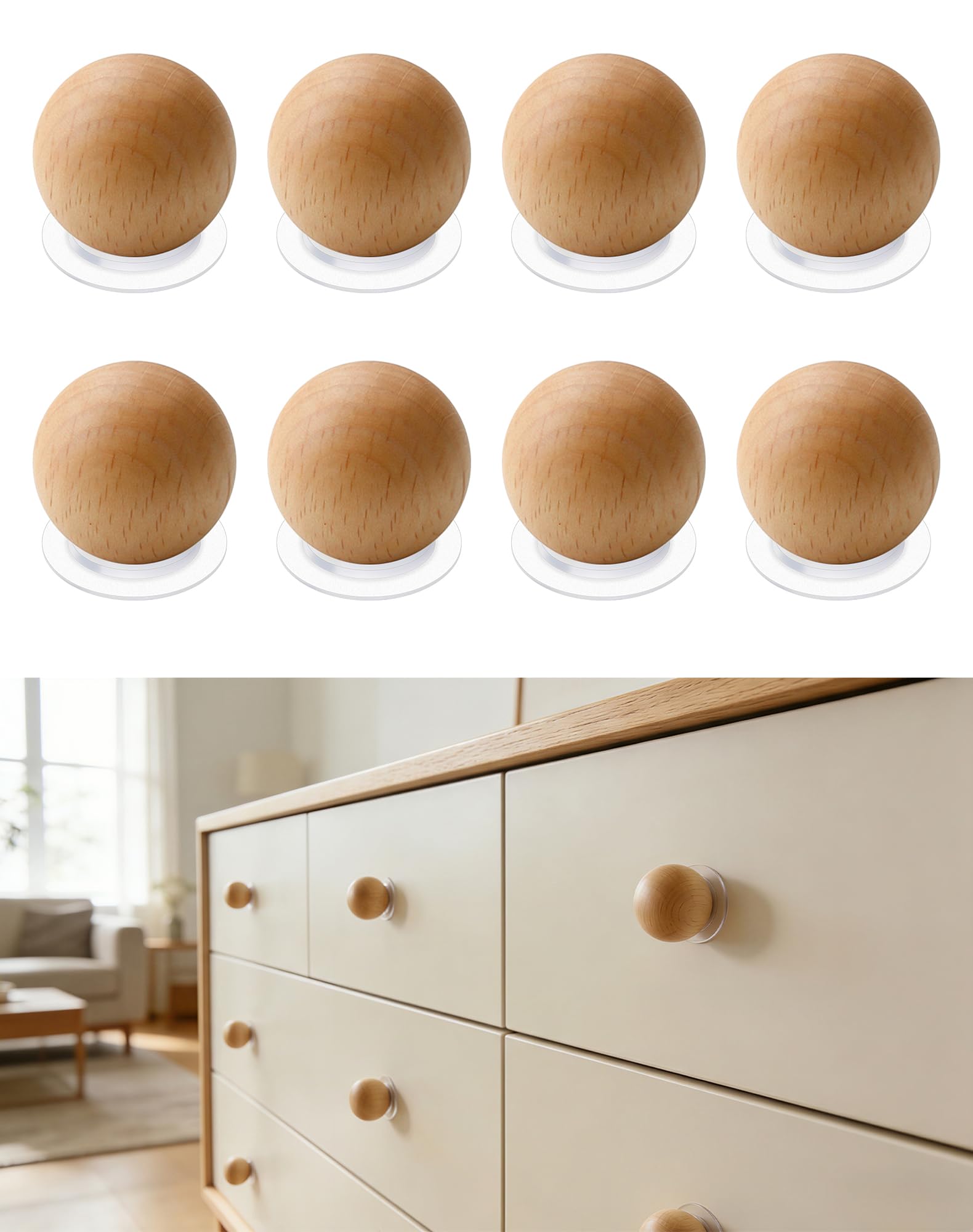 CcHhyyt 8 Pack Self Adhesive Knobs Wooden Stick On Drawer Pulls Natural Wood Cabinet Knobs Peel and Stick Handles Drill Free Round Ball Wooden Door Pull for Cupboard Closet Nursery Dressers