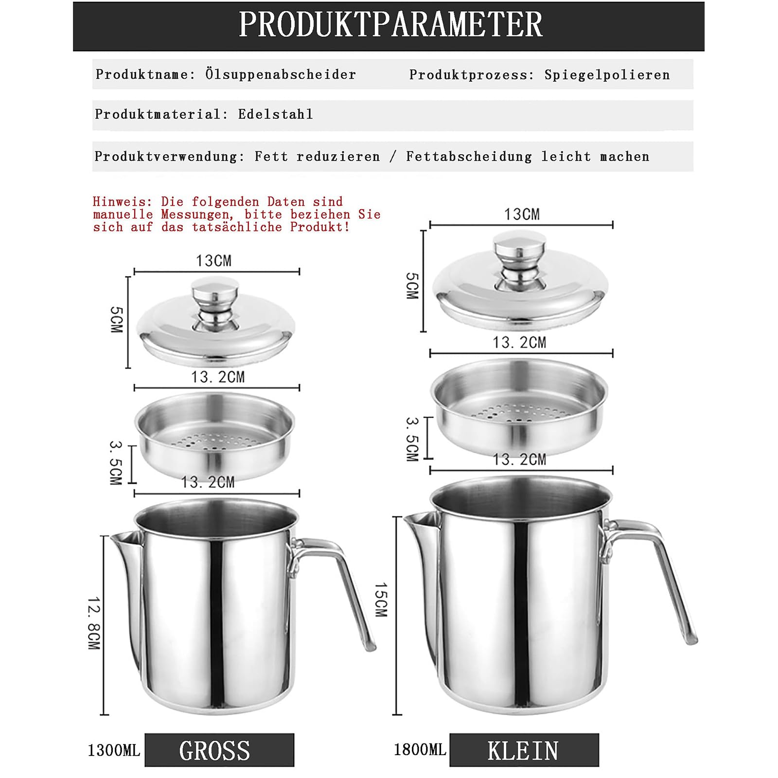 1800 ML Fettabscheider Edelstahl, Fetttrennkanne, Soßen Fetttrenner Sauciere Fetttrenner Mit Deckel Für Das Abschöpfen Von Fett Aus Soßen Und Suppen,Silber