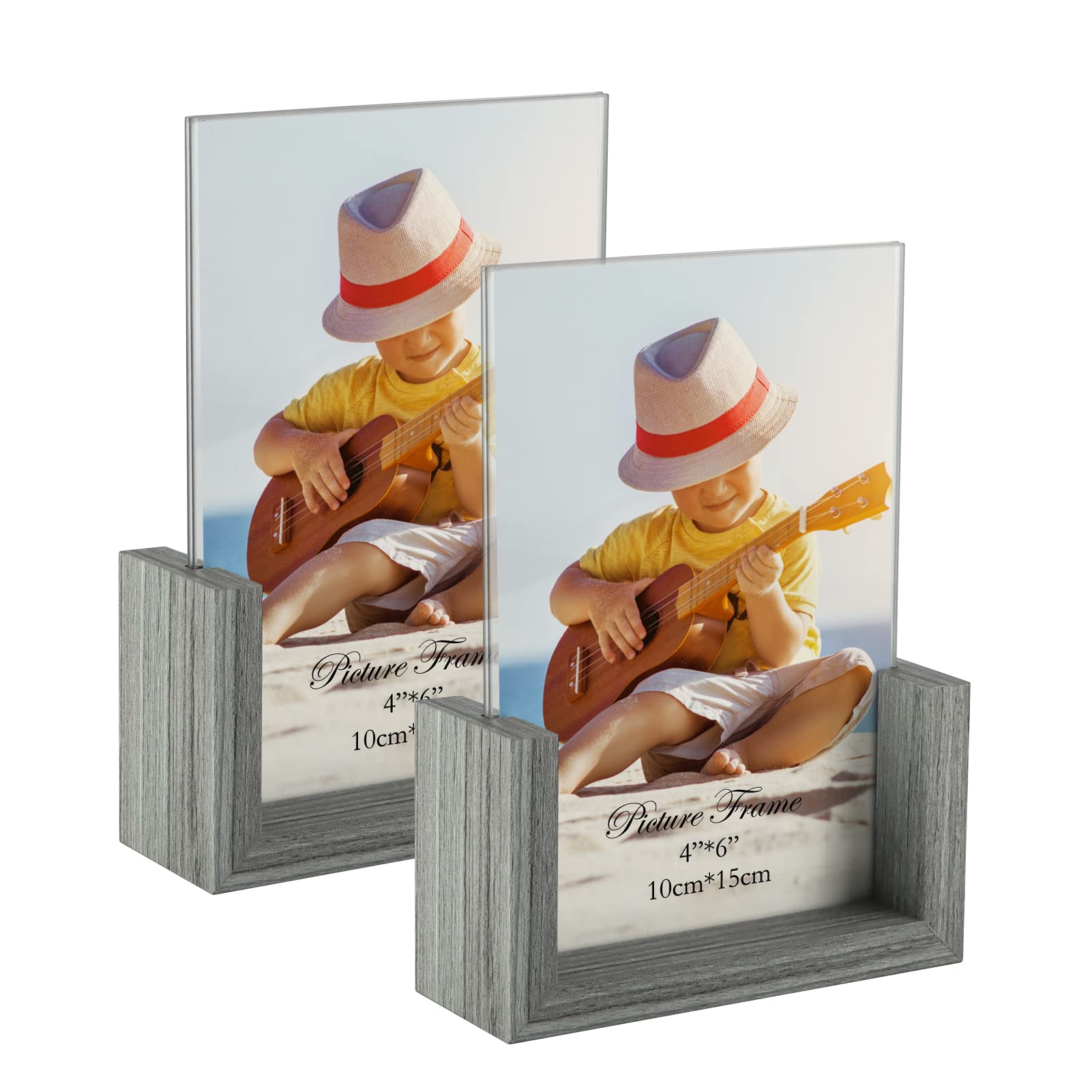 Cadre photo en verre double face pour bureau style rustique lot de 2 gris clair