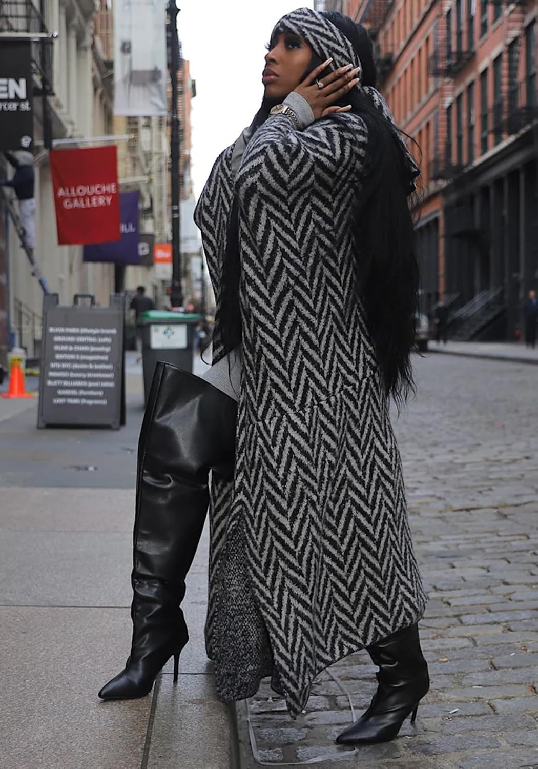 Famnbro Women Long Cardigan Sweaters Chunky Striped Open Front Batwing Sleeves Duster Knitted Outwear with Headbands - Image 6