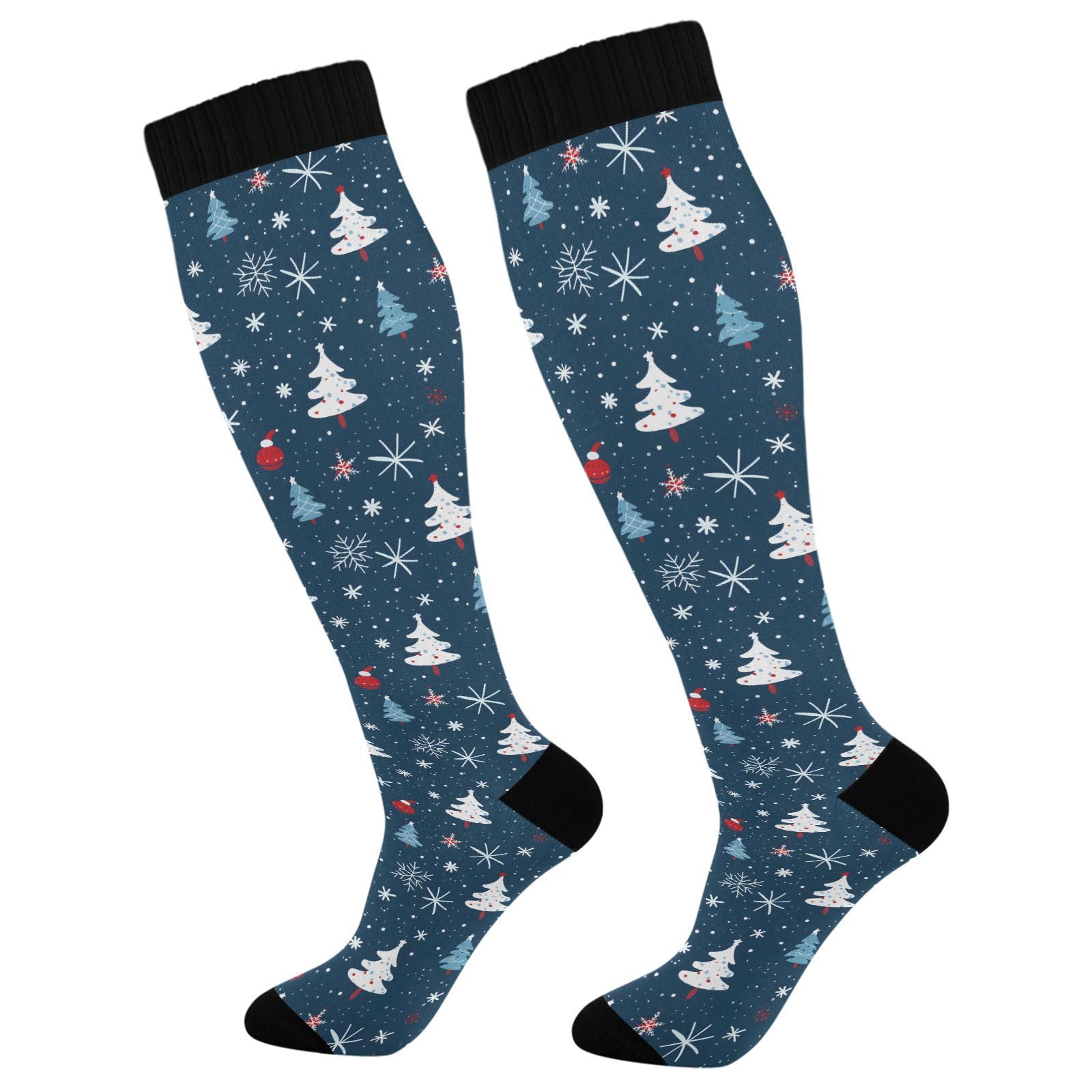 ALAZA Christmas Tree Snowflake Navy Blue Compression Socks for Women Men Circulation Long Socks Running Athletic Cycling 1 pair