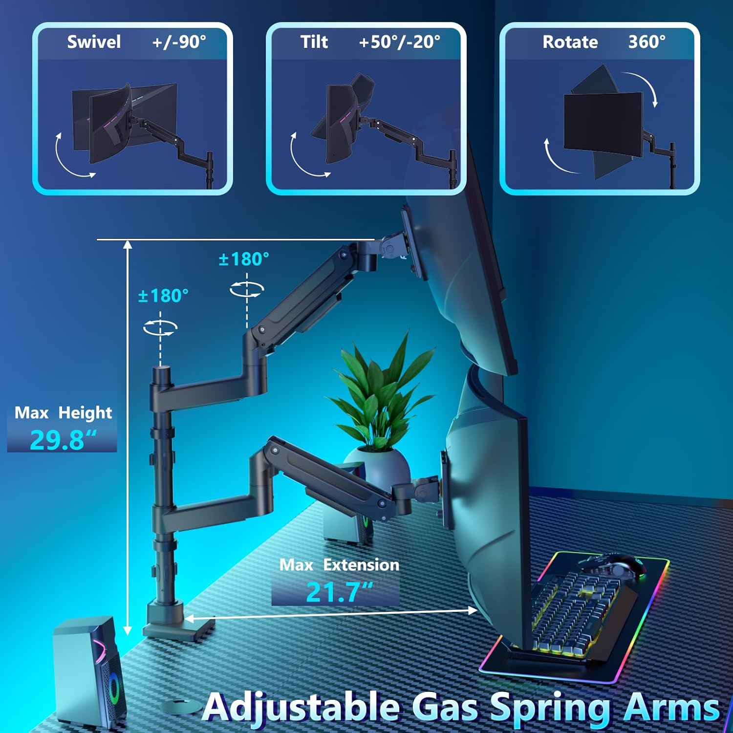 WALI monitor arm showing adjustable gas spring arms with swivel, tilt, rotate, max height, and max extension