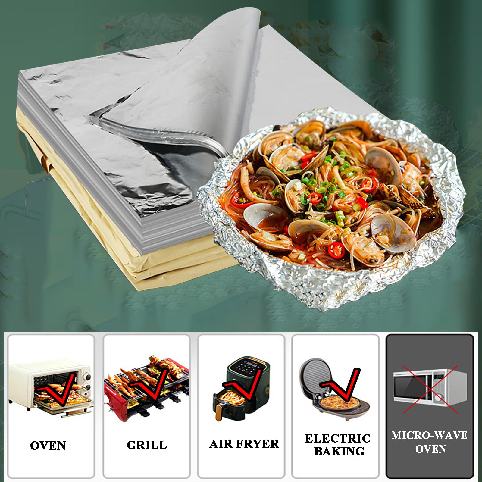 600 Hojas de Papel Aluminio Extra Resistente Precortadas para Mariscos – Mini Conchas para Ostiones y Vieiras – Ideales para Barbacoa, Horneado y Catering(Size:35CM*35CM*20μm)