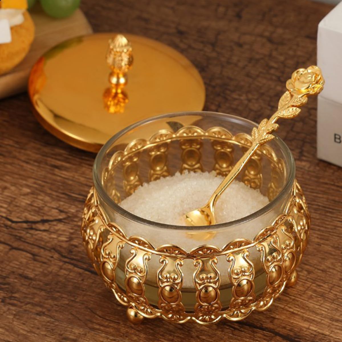 VICASKY European Style Iron Spice Jar with Lid, Metal Seasoning Container for Kitchen Counter and Dining Table, Decorative Condiment Pot in Gold Finish