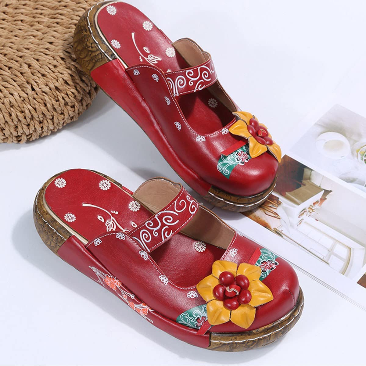 Sabots Femme Sandales Chaussures Compensées Clogs Mules Plateforme Sandales en Cuir Été Fille Vintage Pantoufles Chaussures Confort pour Pieds Larges