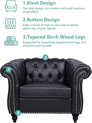 Miniatura 3 de QHITTY - Silla decorativa Chesterfield, silla moderna tapizada en cuero con respaldo acolchado para muebles de sala de estar (negro)