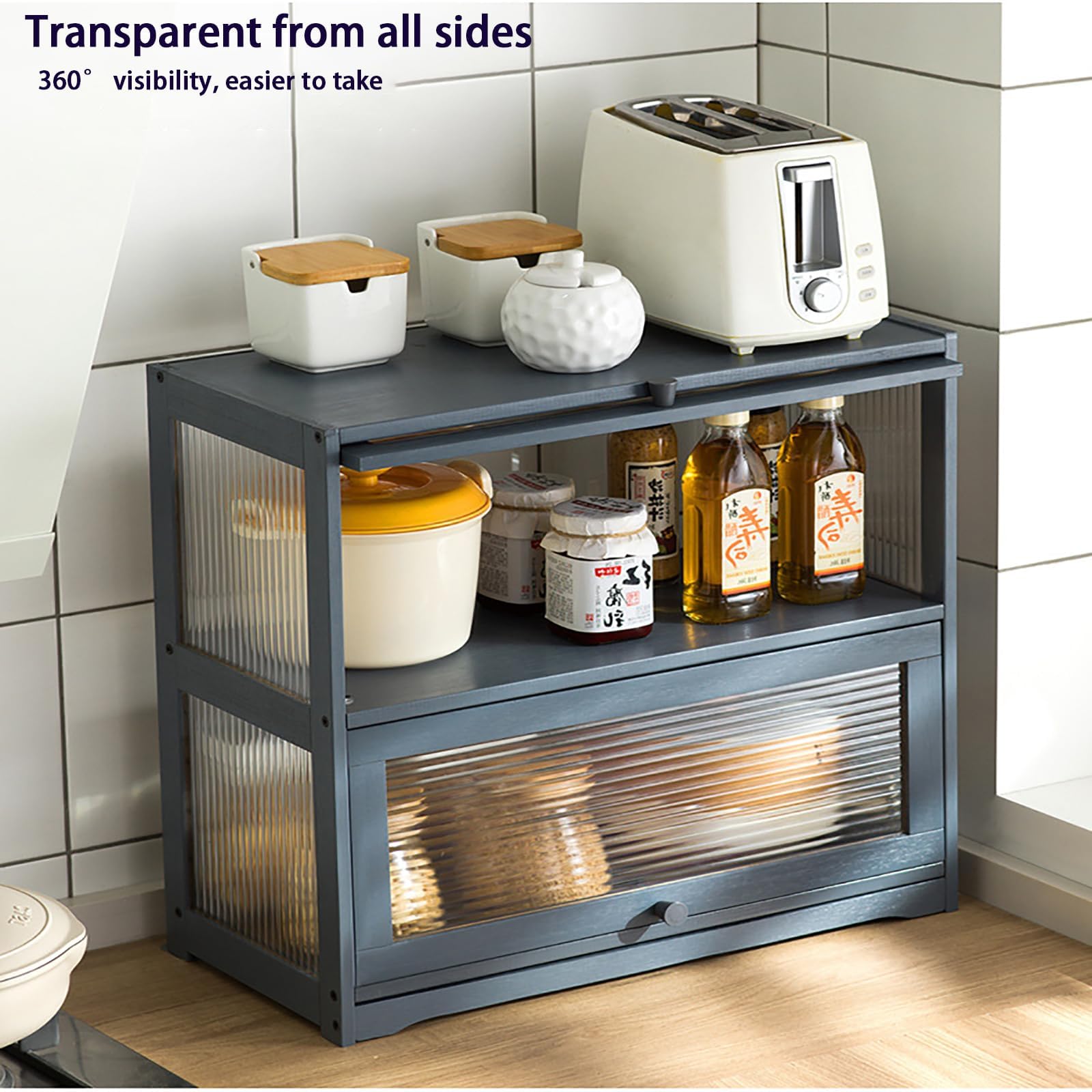 Armario de almacenamiento de cocina, aparador de despensa de bambú con puerta abatible y estante organizador de 2 niveles para especias y condimentos, diseño compacto y funcional