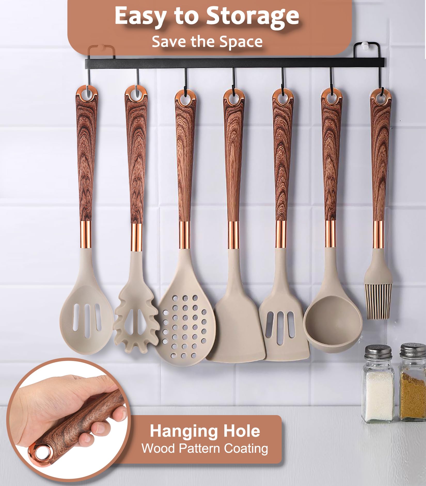 Silikon-Küchenutensilien-Set mit Halter, 24-teiliges Kochutensilien-Set, Holzmuster-Griff, Silikon-Utensilien zum Kochen mit Lebensmittelsicherheitswender, Nudelheber, Skimmer, Schöpflöffel, Zange,
