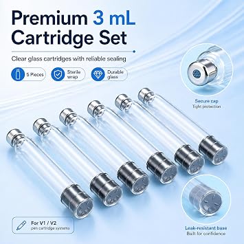 3ml Cartridge,Peptide Pen Cartridge Fit for V1 V2 Pens,3cc Empty Glass Cartridge with 11mm Long Stopper,Individually Wrapped.(Clear5Pack)