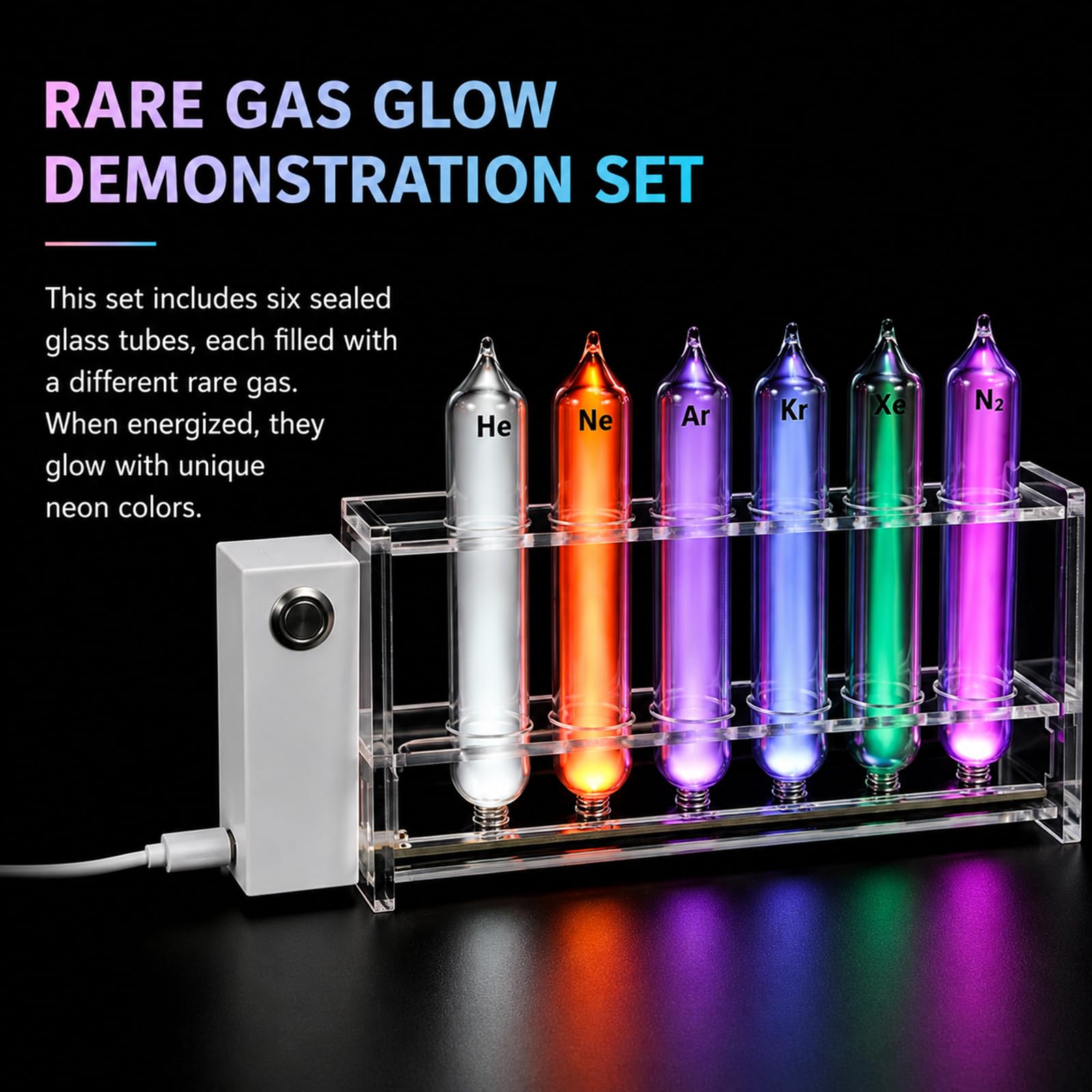 6 Edelgas-glasröhren, Demonstrationsset Für Edelgasglühen Mit Motorisiertem Stativ, 6 Edelgase (he, Ne, Ar, Kr, Xe, N₂), Für Den Chemie- Und Physikunterricht