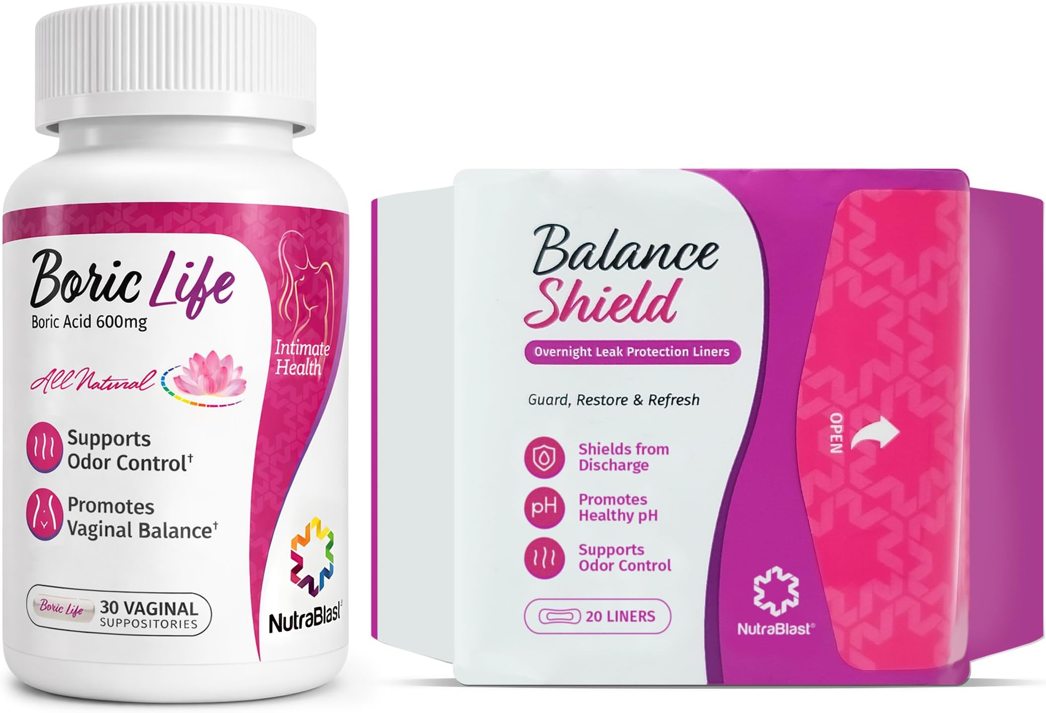 NutraBlast Boric Acid Suppositories 600mg (30 Count) Bundle with Balance Shield Panty Liners (180mm, 20-Pack) | Discharge & Odor-Proof Layers | Charcoal-Infused Bamboo Balancing Core