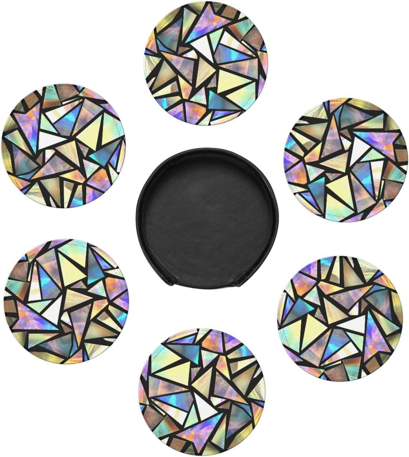 Bright Iridescent Stylish Coasters For Drinks Round Leather Coaster With Holder Set Of 6 For Tabletop Protection Desk Accessories Office Home Room Decor image 3
