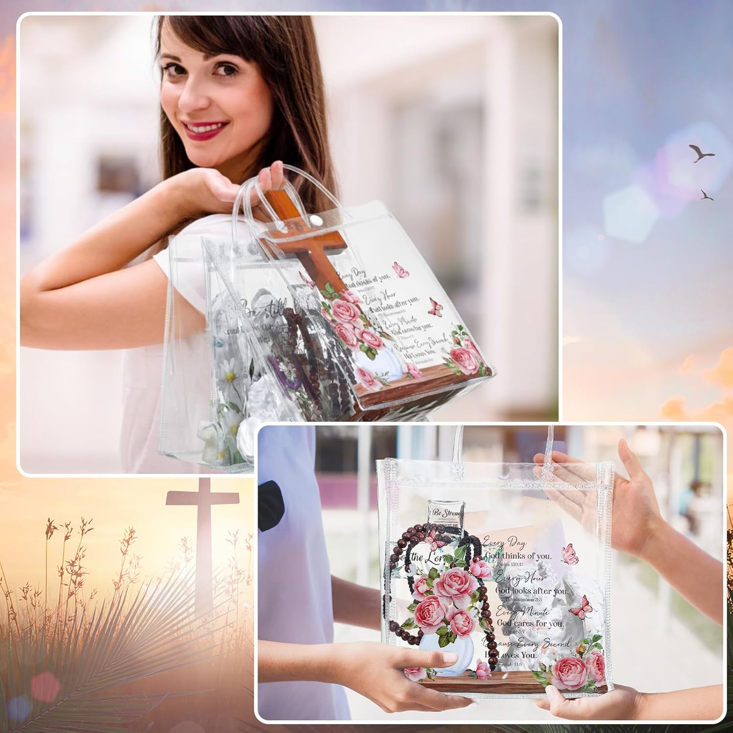 Amylove 36 Pcs Clear Mother's Day Christian Gift Bags Bulk Women Scripture Bags with Handle Bible Verse Flower Cross Themed Christian Faith Totes for Mother's Day Women Church Party Supplies Decor