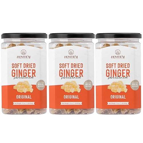 Homtiem Jengibre seco cristalizado de 3 libras (paquete de 16 onzas, 3) Jengibre seco suave y masticable, sin colores artificiales, fácil de comer,