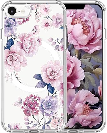 for iPhone 16e/17e 6.1" Flower Case Magnetic [Compatible with MagSafe] Floral Pattern Clear Shockproof [Hard PC Back Soft TPU Edge] Slim Phone Cover for Girls Women, Peony Flower