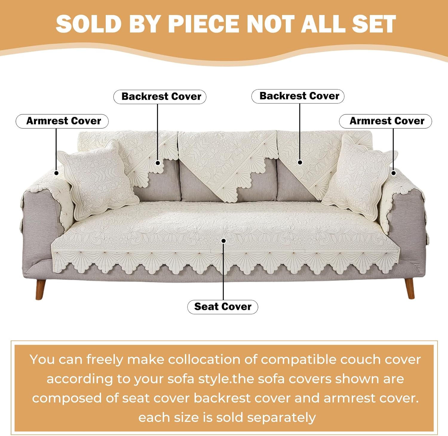 Cotton Embroidery Couch Sofa Cover Leaf and Floral Pattern Nonslip Quilted Furniture Protector Slipcover for Dogs, Children, Pets Sofa Slipcover Machine Washable (Cream,28"x28") - Image 2