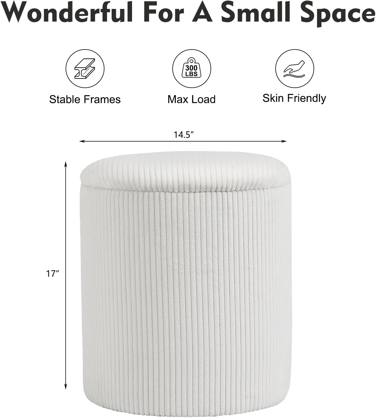 Joveco 14.5" Storage Ottoman with Reversible Wood Tray, Ivory White Corduroy Ottoman for Living Room, Small Foot Rest & Vanity Stool for Makeup Area - Fully Assembled, Hidden Storage
