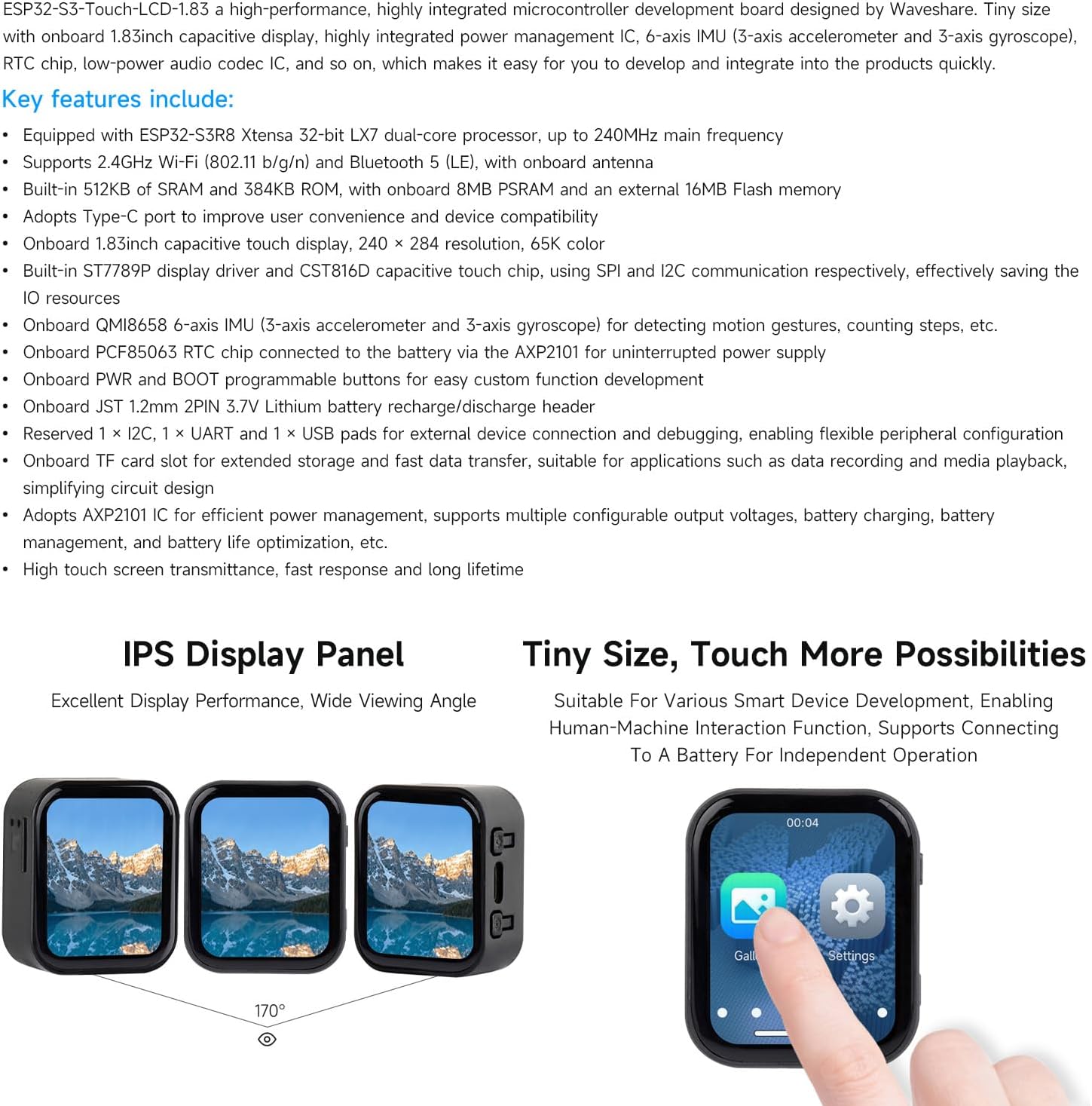 Waveshare ESP32-S3 1.83inch Touch Display Development Board 240 x 284 Onboard Audio Codec Chip Built-in Microphones and Speaker Supports Wi-Fi and BLE 5 Without BAT