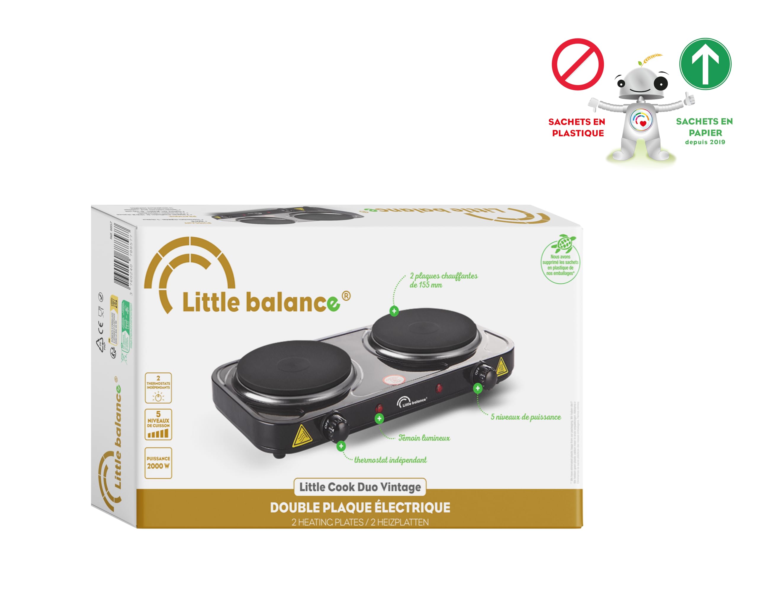 LITTLE BALANCE 8857 Little Cook Duo Vintage, piano cottura elettrico doppio, ideale per studenti, campeggio, ufficio, piccoli spazi, 2 termostati con regolazione continua, 2000 W, nero