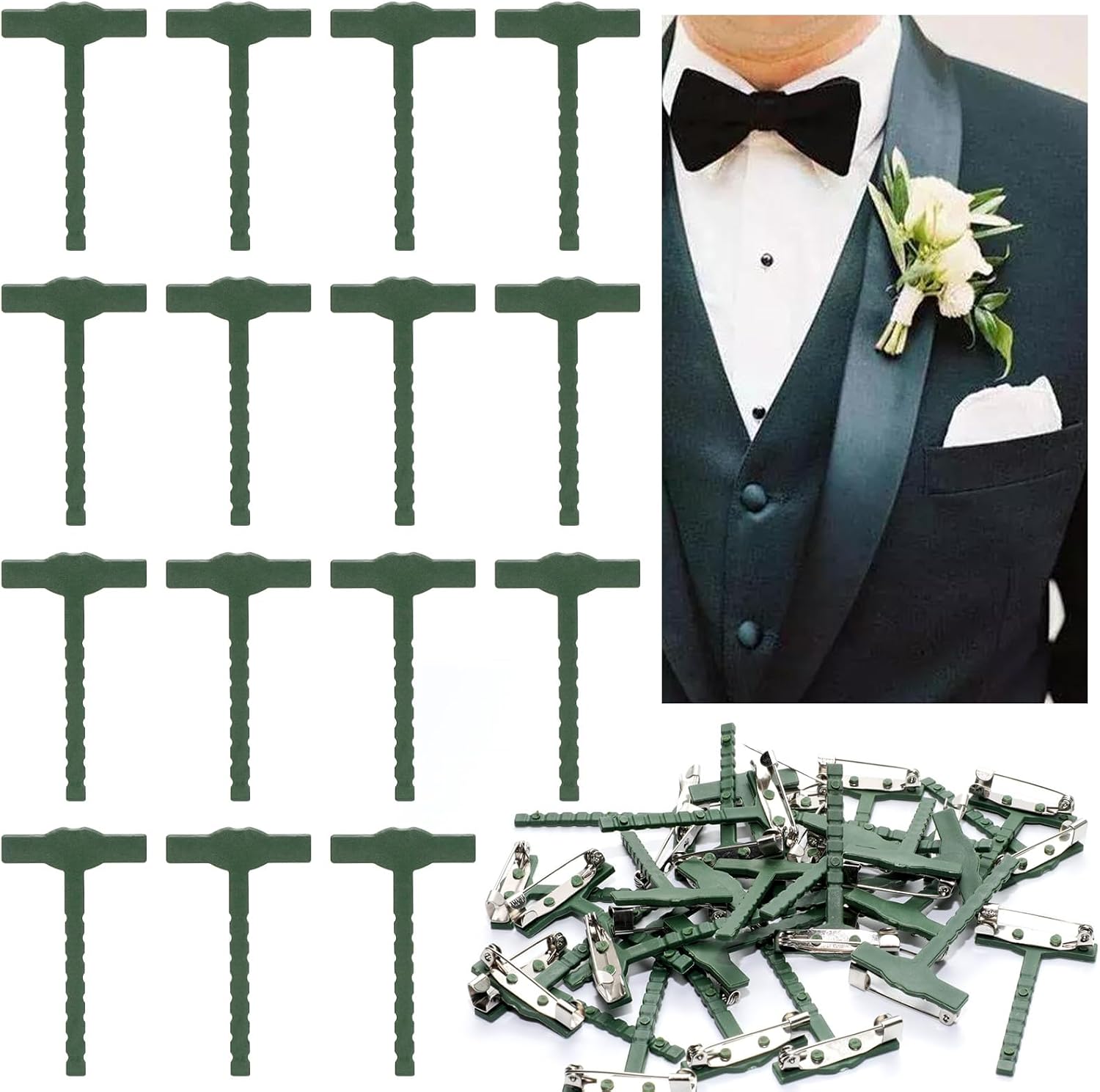 30 Pcs Boutonniere Pins, 1.7x1 Inch Plastic Corsage Pins Safety Clips, T-Shaped Lapel Pins for Corsages, Wedding Floral Boutonniere Pin Set for Bouquet, Prom, Boutonniere Supplies (Green)
