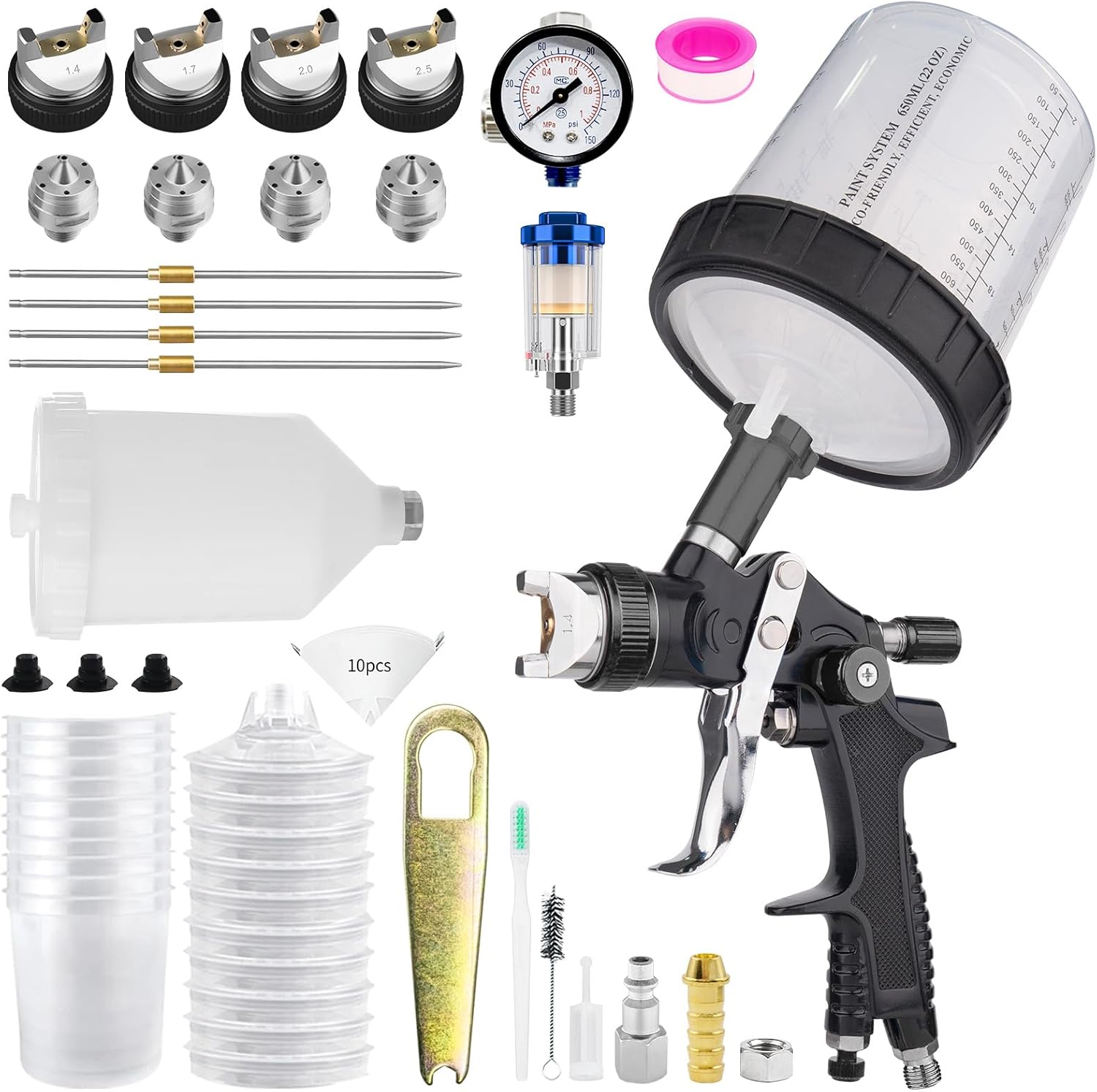 HVLP Spray Gun with 1.4/1.7/2.0/2.5mm Nozzles Set, 2 Set Cup Paint Guns Automotive with 10x 650ml Disposable Paint Cups, Paint Spray Gun for Painting Cars, Furniture, Primer and Top Coat (Blue)
