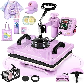 Heat Press Machine for Tshirts, 5 in 1 Heat Transfer Machine, 12" X 15" Heat Printing Press for Sublimation Combo with 360 Degree Rotation Swing Away for T-Shirt Hat Cap Mug Plate, Pink Purple