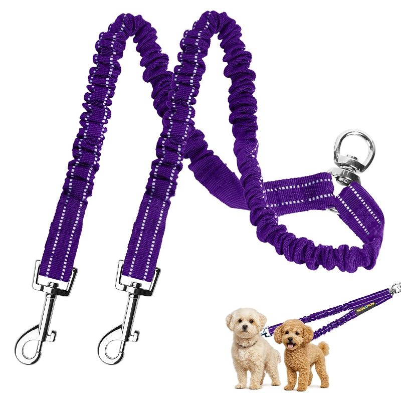 Guia Dupla para 2 Cães MingXpets em Nylon com Giro 360° e Faixa Refletiva, Purple, Small