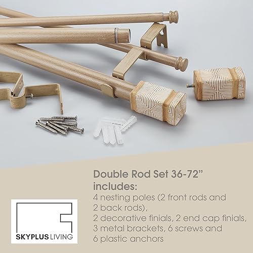 Miniatura 4 de Juego de cortinero doble estilo bohemio rústico con remate cuadrado tallado, 36-72 pulgadas, barra de cortina estándar doble beige para 1 paquete, 1