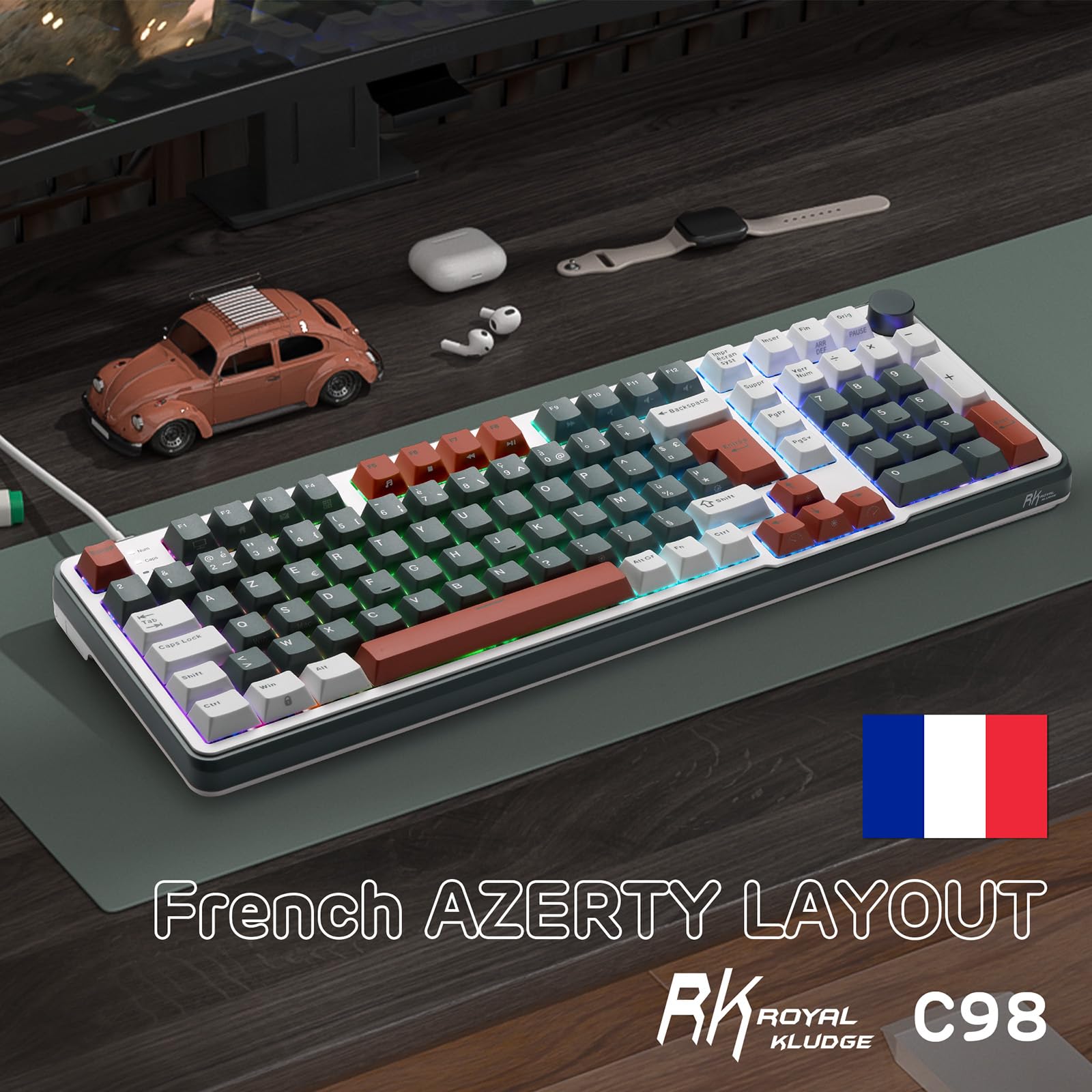 RK ROYAL KLUDGE C98 FR Clavier mécanique Jeu, commutateur magnétique Effet Hall, Filaire RGB 95%, déclenchement Rapide réglable, taux rafraîchissement 8KHz, Pilote Pro Web pour Mac&Win,French AZERTY