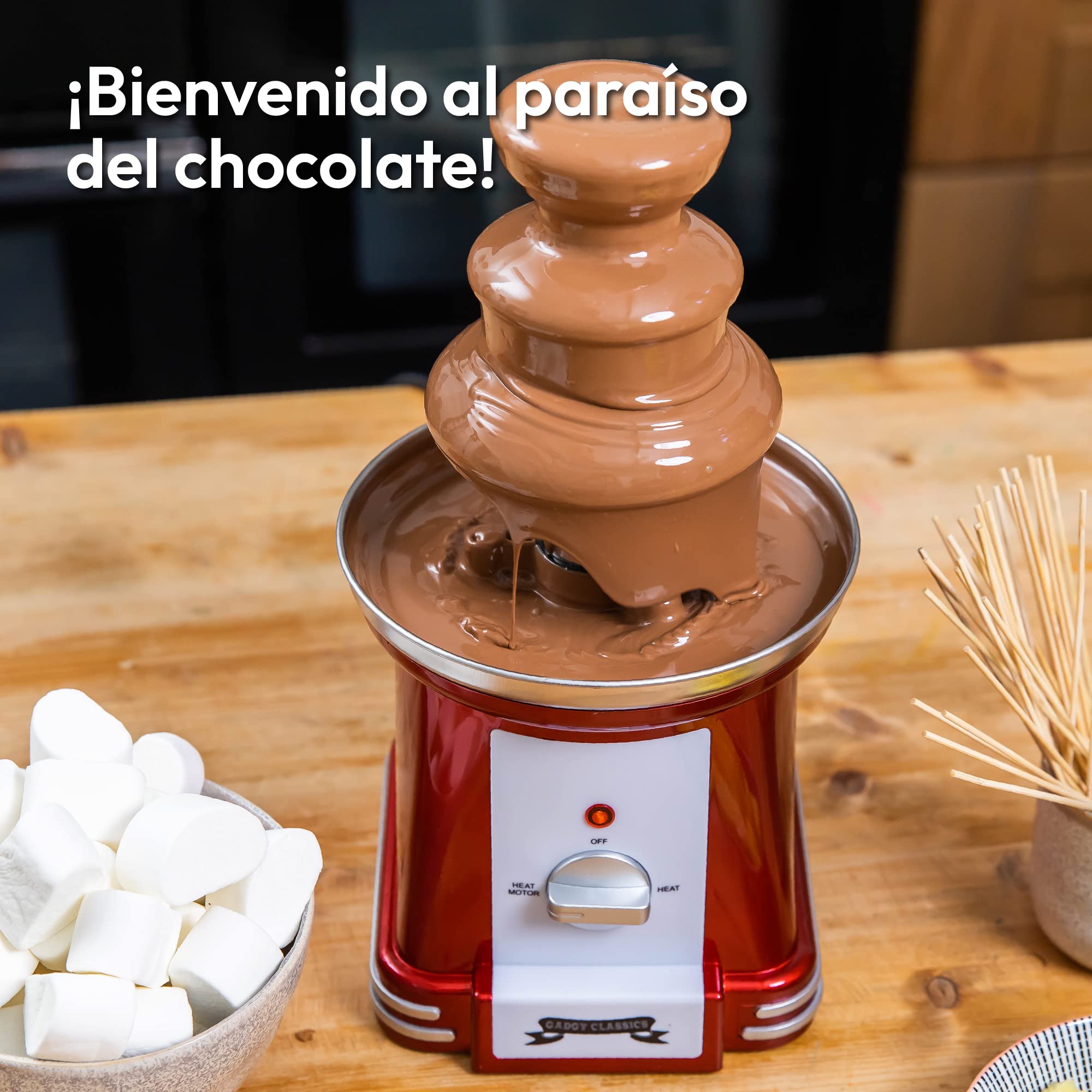 Fuente de chocolate Gadgy 3 niveles - Fuente de chocolate de acero inoxidable - Fuente de chocolate aspecto retro - Fondue de chocolate 90 Watt - Fuente de chocolate Rojo