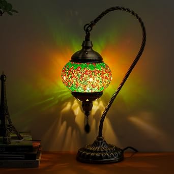 Turkish Moroccan Lamp, Mosaic Swan Neck Design, Demmex Crafted, Glass Material, for Home Decor, Living Room,Bedroom Ambiance Reading Nook Green