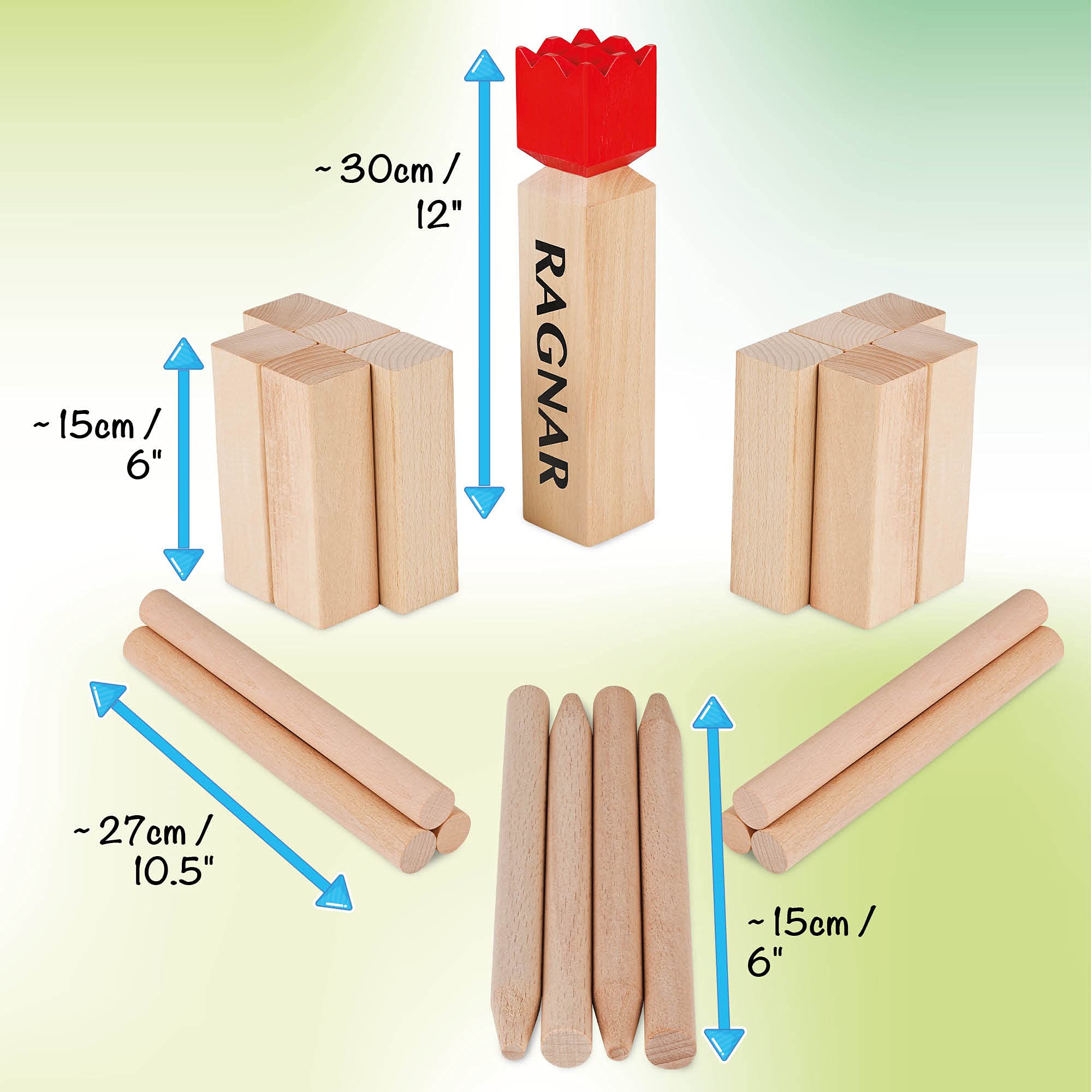 Toyfel Original Jeu de Kubb XXL en Bois Massif FSC® avec Sac de Transport & Mètre Ruban - Jeu Viking Extérieur - Quille Nordique – Ragnar