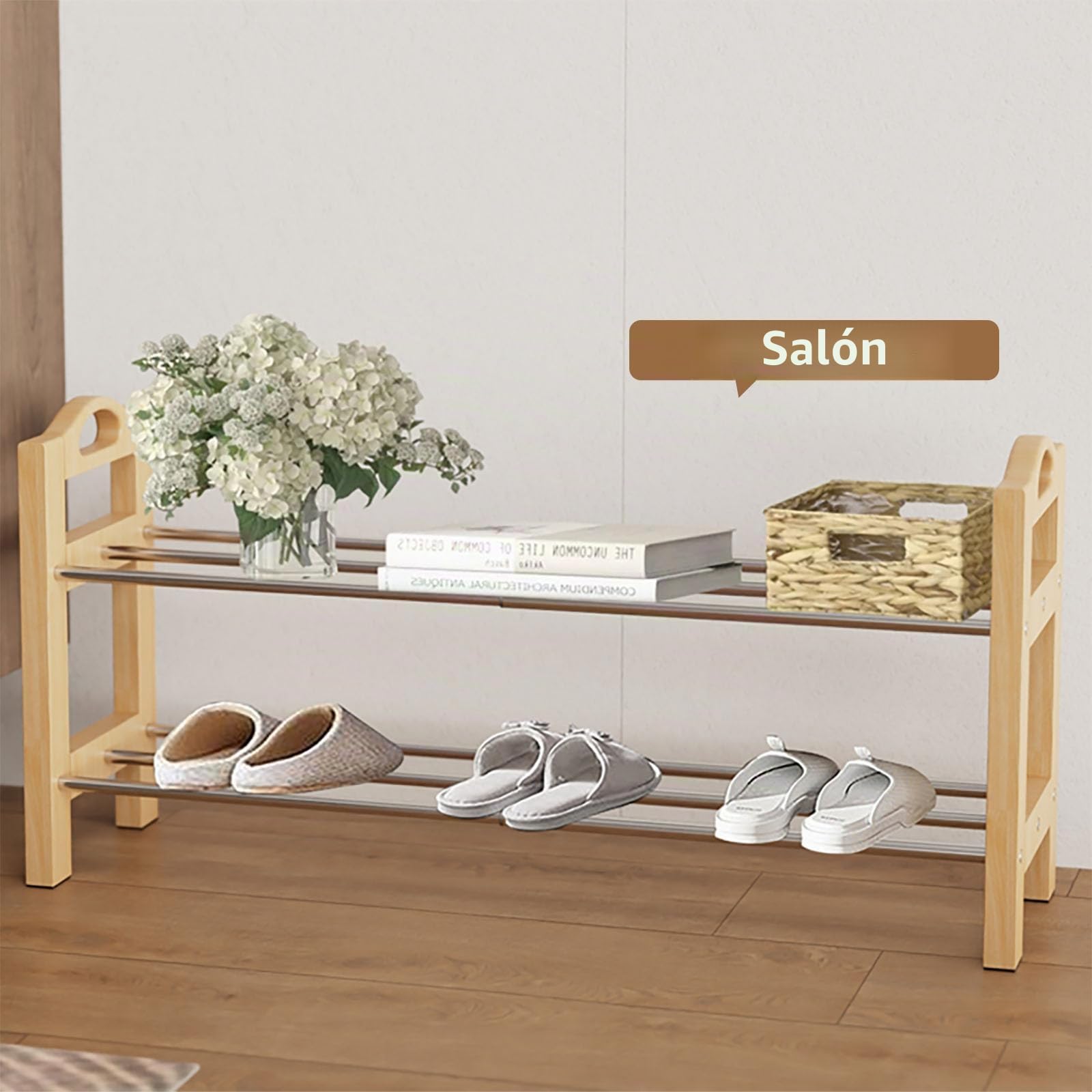 LEMIKKLE Organizador de zapatos de madera expandible para entrada, zapatero de acero inoxidable de 2 niveles, organizador de almacenamiento y organización, montaje simple, tamaño máximo (32-18-9.4