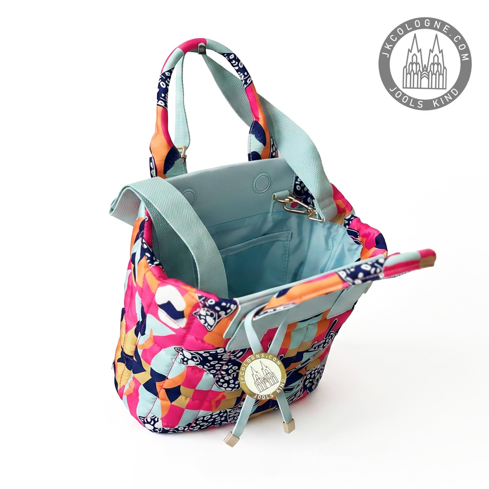 Miosan JKCologne S-Tote Bag | Modische Damen Puff Bag Handtasche: Colourful. Leicht. Wasserabweisend. Nachhaltig | Innenfächer | Inklusive Metallic Brand Charm